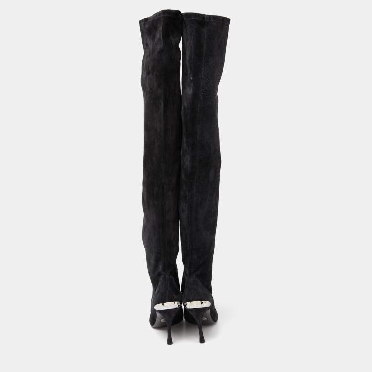 Pre Owned Dolce & Gabbana Black Suede Metal Over the Knee Boots Size 38.5
