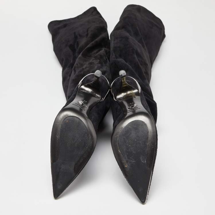 Pre Owned Dolce & Gabbana Black Suede Metal Over the Knee Boots Size 38.5