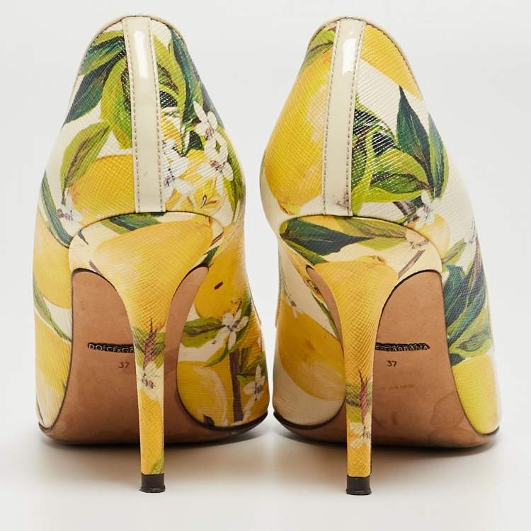 Pre Owned Dolce & Gabbana Tricolor Lemon Print Textured Leather Pointed Toe Pumps Size 37