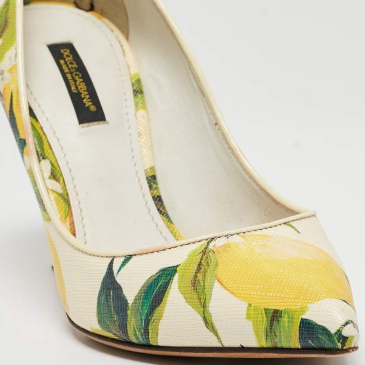Pre Owned Dolce & Gabbana Tricolor Lemon Print Textured Leather Pointed Toe Pumps Size 37