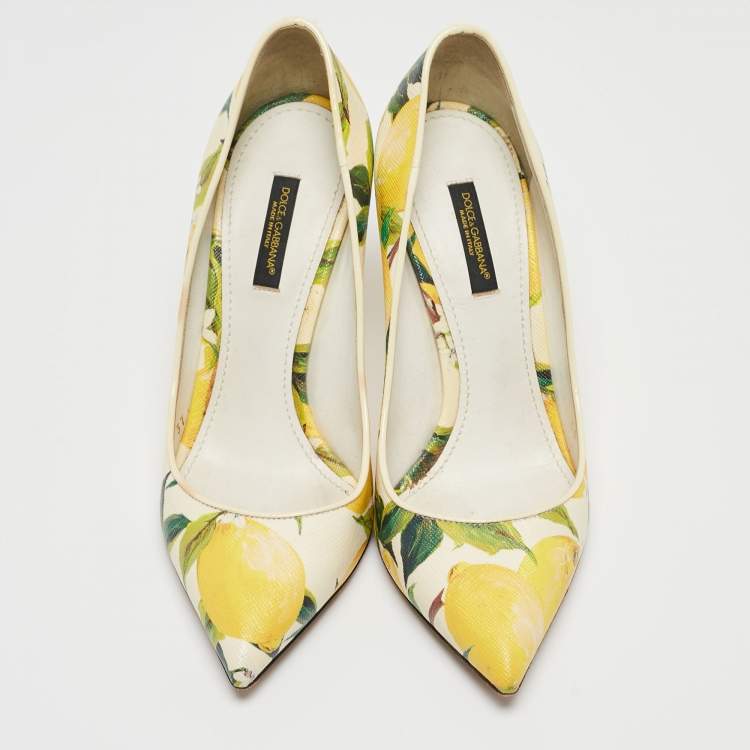 Pre Owned Dolce & Gabbana Tricolor Lemon Print Textured Leather Pointed Toe Pumps Size 37