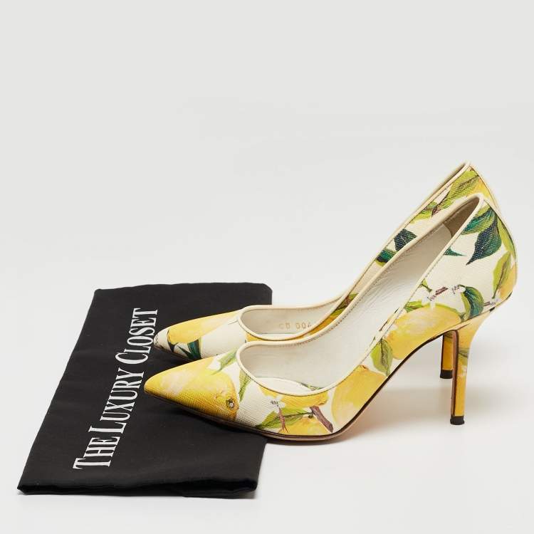 Pre Owned Dolce & Gabbana Tricolor Lemon Print Textured Leather Pointed Toe Pumps Size 37