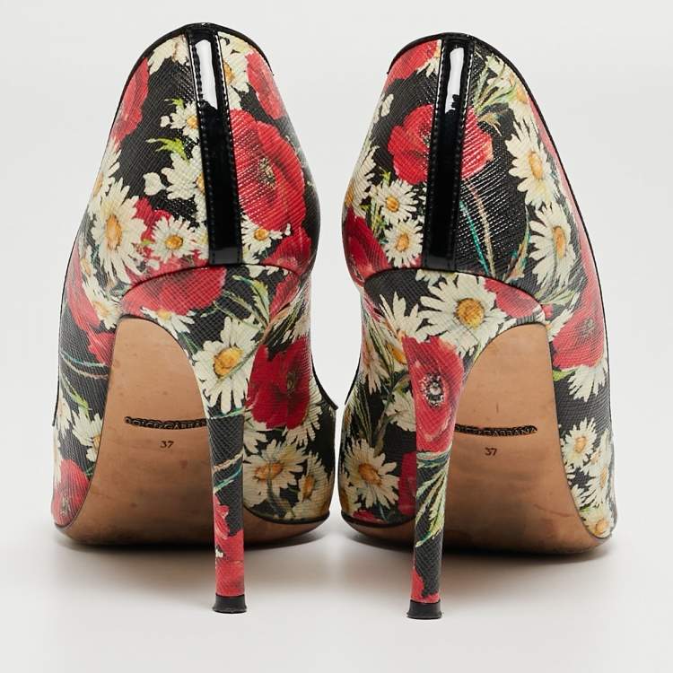 Pre Owned Dolce & Gabbana Tricolor Floral Print Textured Leather Pointed Toe Pumps Size 37