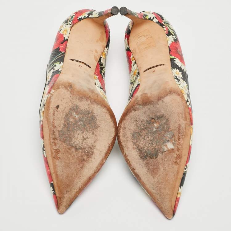 Pre Owned Dolce & Gabbana Tricolor Floral Print Textured Leather Pointed Toe Pumps Size 37