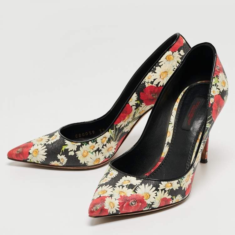 Pre Owned Dolce & Gabbana Tricolor Floral Print Textured Leather Pointed Toe Pumps Size 37
