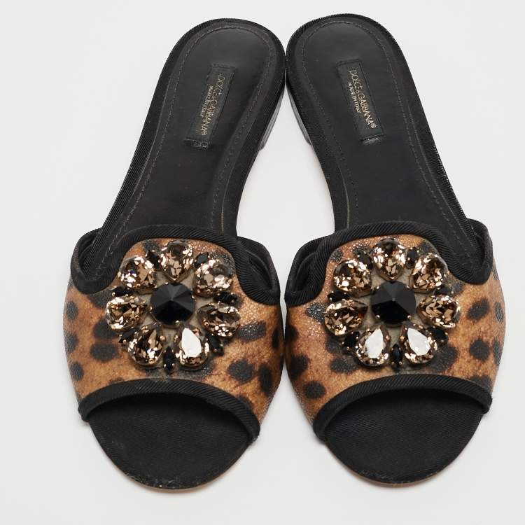 Pre Owned Dolce & Gabbana Brown/Black Leopard Print Coated Canvas Crystal Embellished Flat Slides Size 37