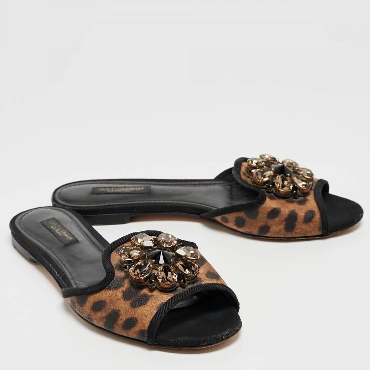 Pre Owned Dolce & Gabbana Brown/Black Leopard Print Coated Canvas Crystal Embellished Flat Slides Size 37