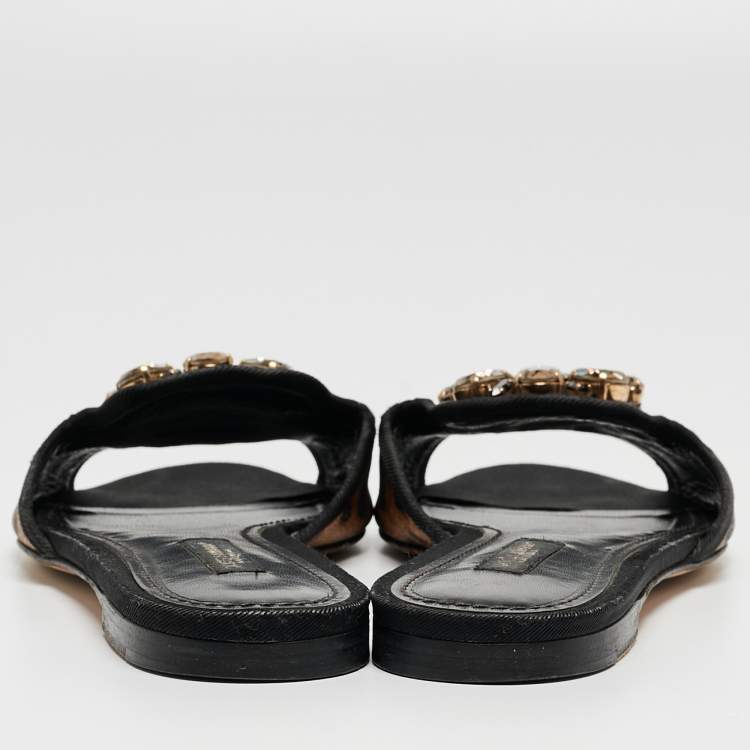 Pre Owned Dolce & Gabbana Brown/Black Leopard Print Coated Canvas Crystal Embellished Flat Slides Size 37