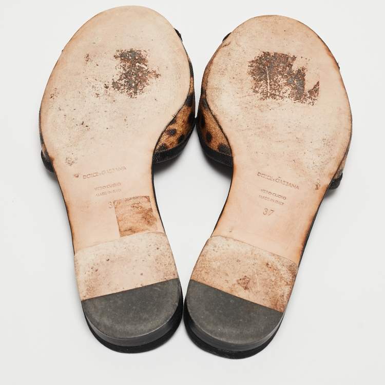 Pre Owned Dolce & Gabbana Brown/Black Leopard Print Coated Canvas Crystal Embellished Flat Slides Size 37