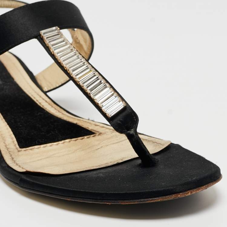 Pre Owned Dolce & Gabbana Black Satin Crystal Embellished Thong Flat Sandals Size 37.5