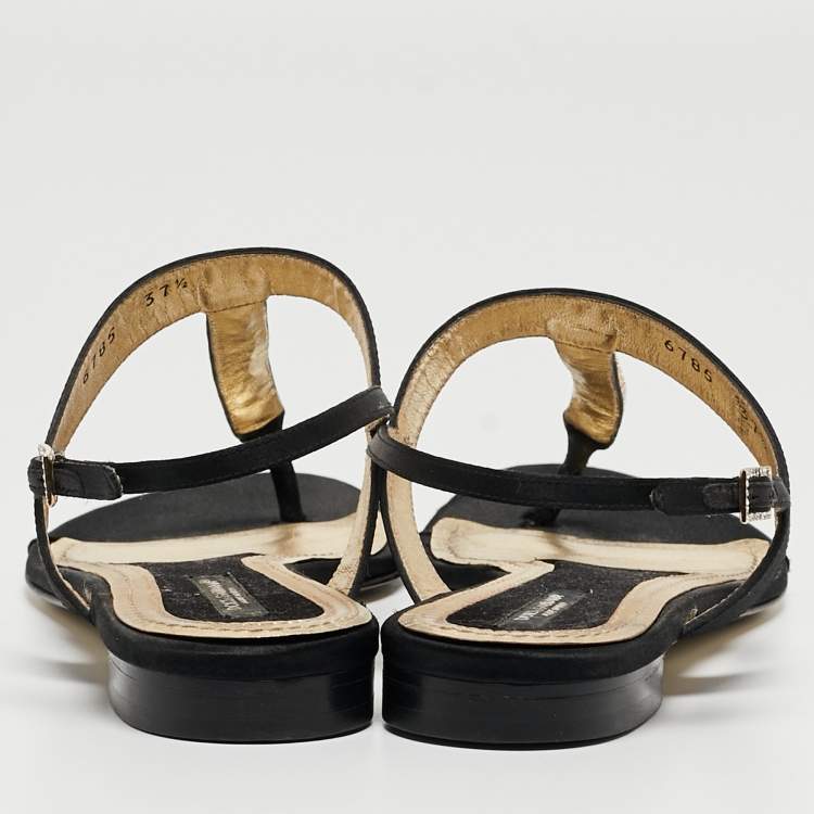 Pre Owned Dolce & Gabbana Black Satin Crystal Embellished Thong Flat Sandals Size 37.5