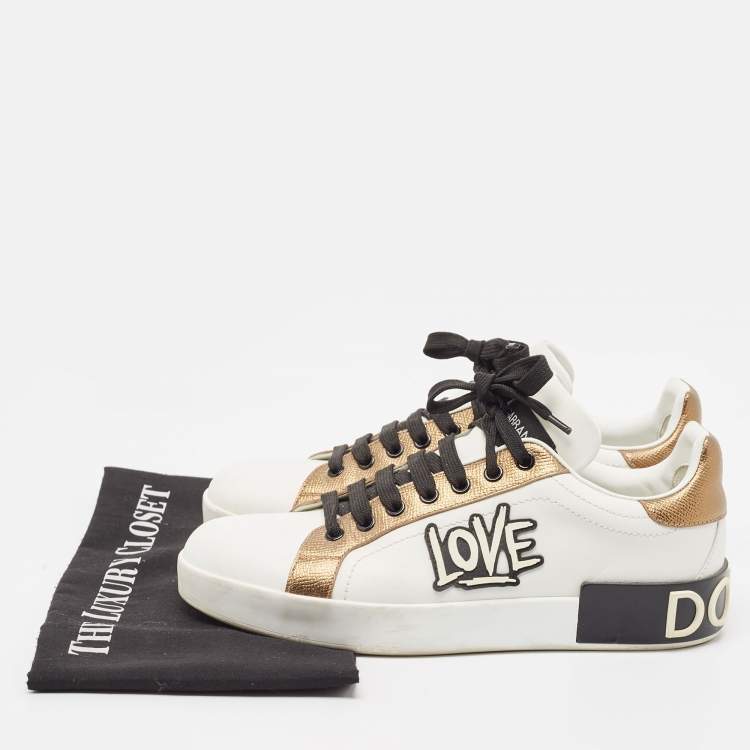 Pre Owned Dolce & Gabbana White Leather Love Applique Portofino Sneakers Size 39