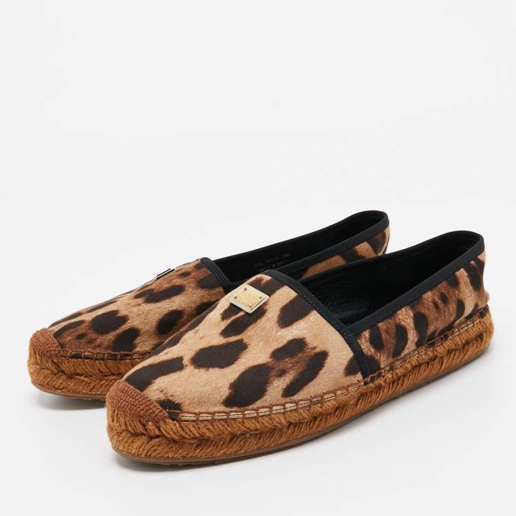 Pre Owned Dolce & Gabbana Brown Canvas Leopard Print Logo Espadrilles Size 39