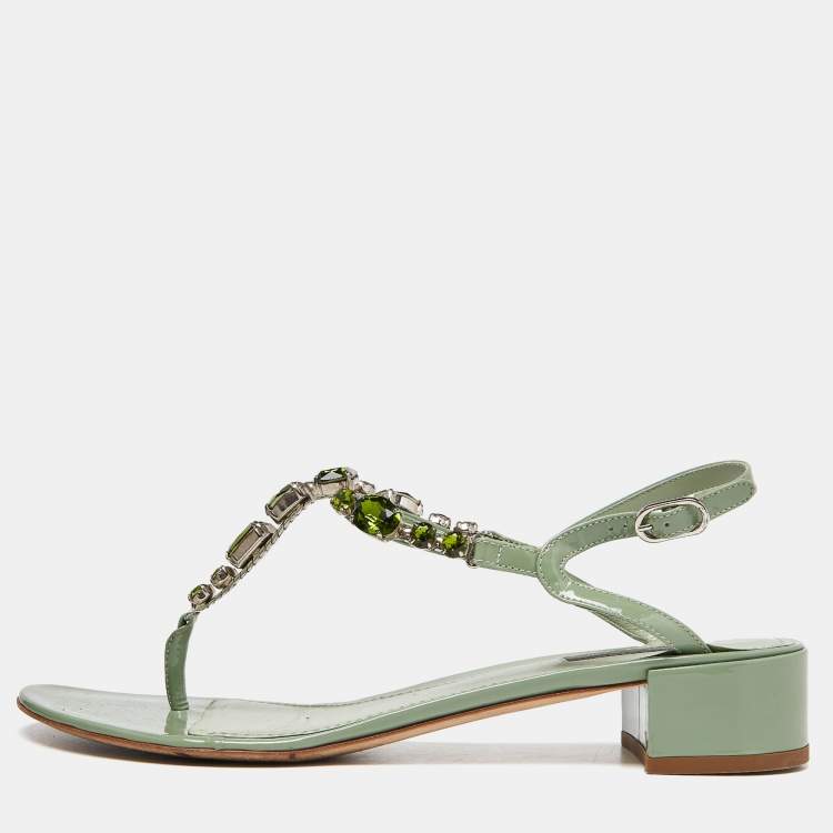 Pre Owned Dolce & Gabbana Green Patent Leather Crystal Embellished Thong Sandals Size 40