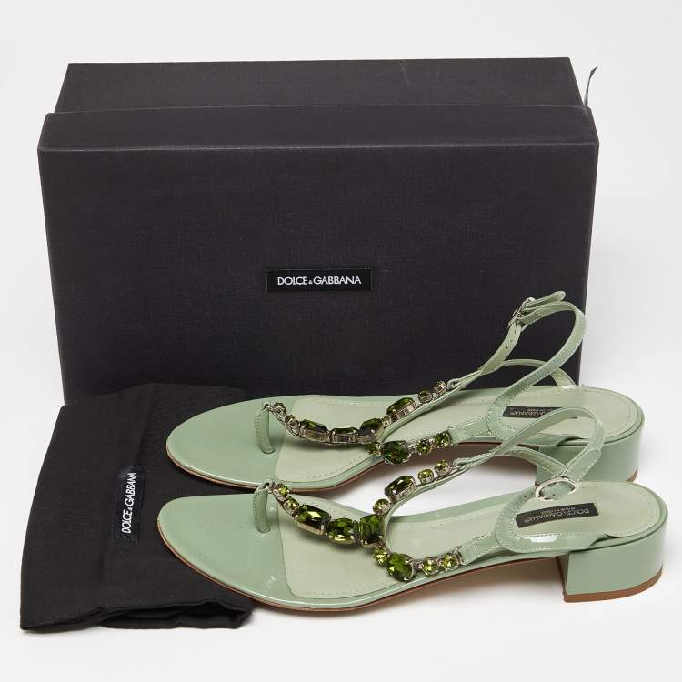 Pre Owned Dolce & Gabbana Green Patent Leather Crystal Embellished Thong Sandals Size 40