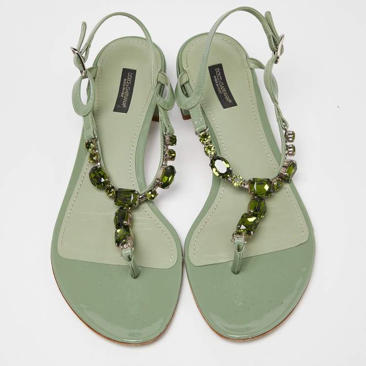 Pre Owned Dolce & Gabbana Green Patent Leather Crystal Embellished Thong Sandals Size 40
