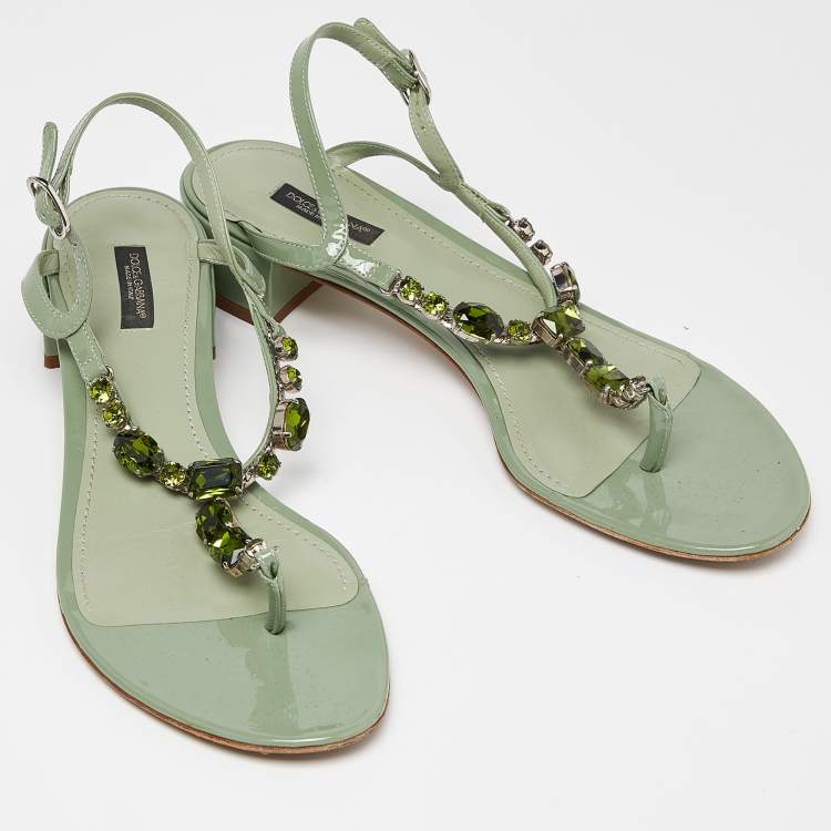 Pre Owned Dolce & Gabbana Green Patent Leather Crystal Embellished Thong Sandals Size 40