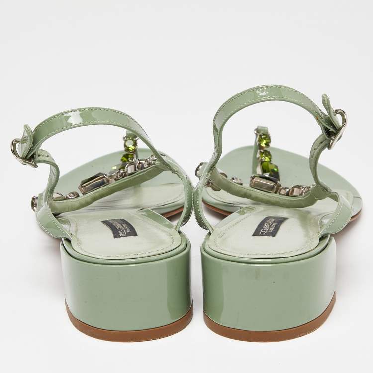 Pre Owned Dolce & Gabbana Green Patent Leather Crystal Embellished Thong Sandals Size 40