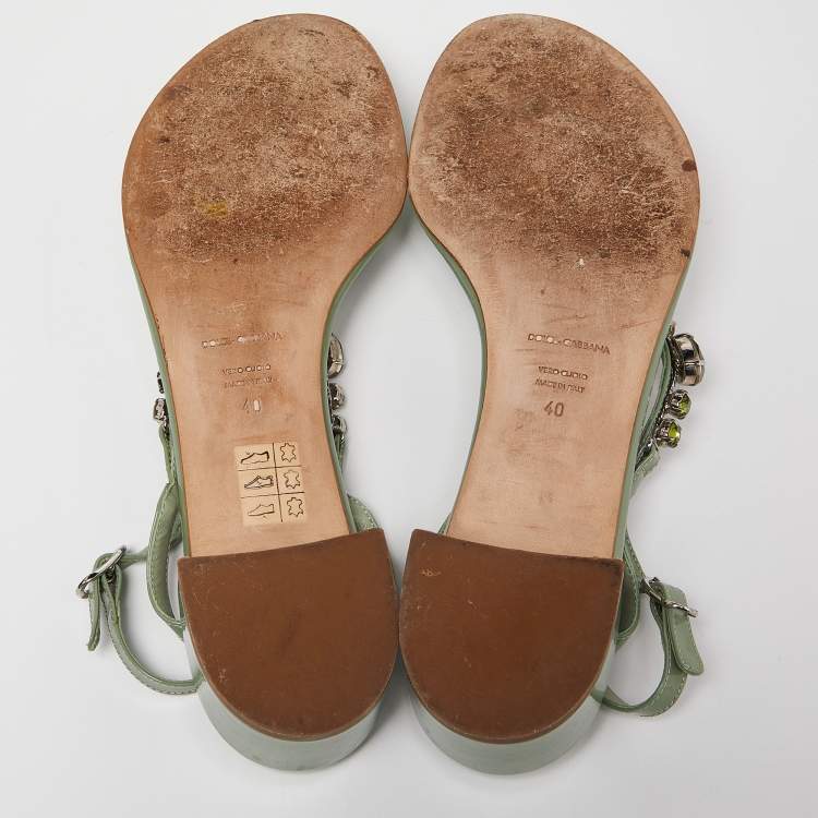 Pre Owned Dolce & Gabbana Green Patent Leather Crystal Embellished Thong Sandals Size 40