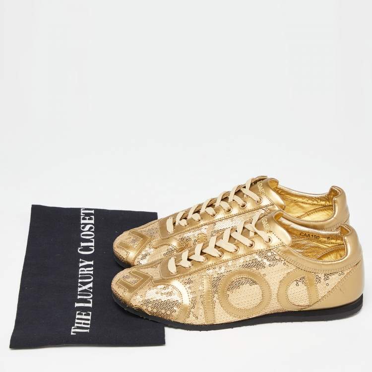 Pre Owned Dolce & Gabbana Gold Patent Leather and Sequin Embellished Low Top Sneakers Size 40