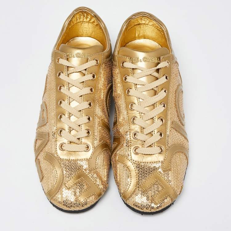 Pre Owned Dolce & Gabbana Gold Patent Leather and Sequin Embellished Low Top Sneakers Size 40