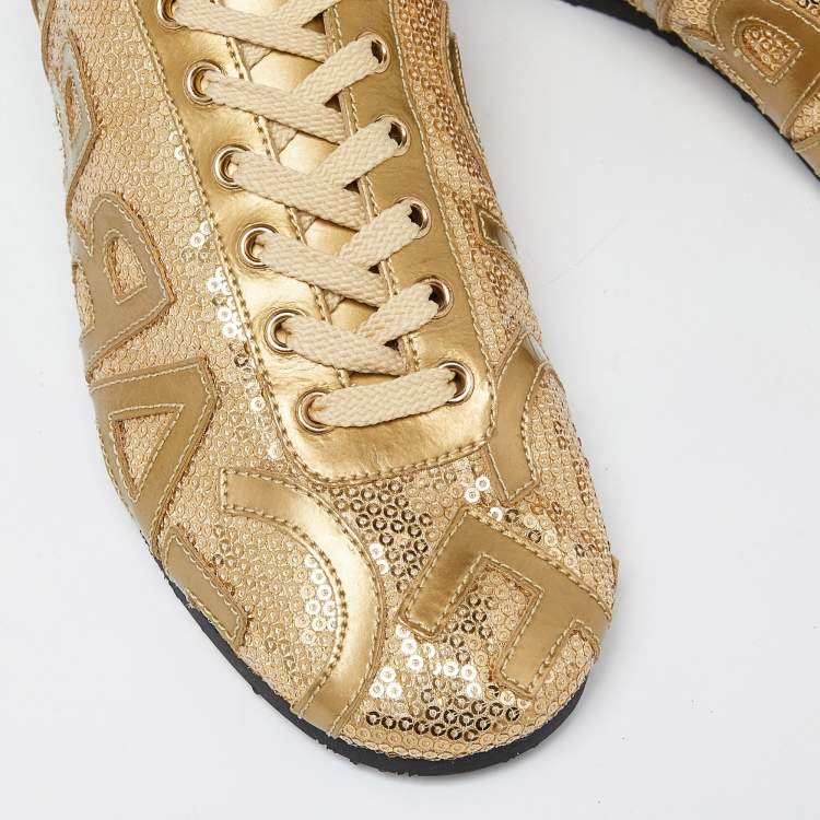 Pre Owned Dolce & Gabbana Gold Patent Leather and Sequin Embellished Low Top Sneakers Size 40