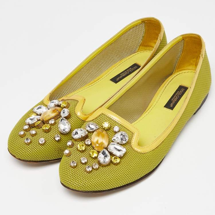 Pre Owned Dolce & Gabbana Mustard Mesh and Patent Leather Embellished Ballet Flats Size 37.5