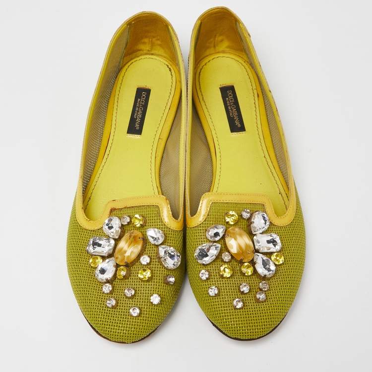 Pre Owned Dolce & Gabbana Mustard Mesh and Patent Leather Embellished Ballet Flats Size 37.5