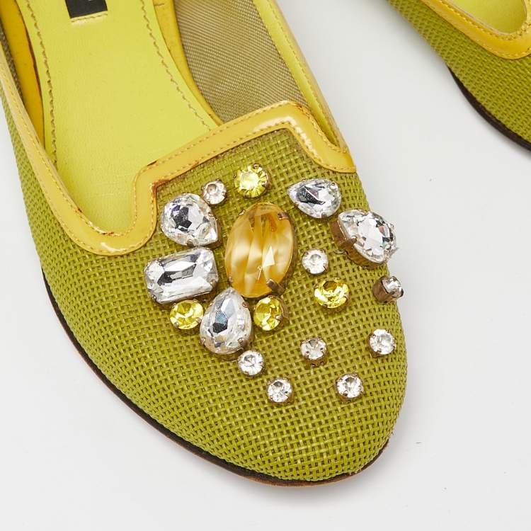 Pre Owned Dolce & Gabbana Mustard Mesh and Patent Leather Embellished Ballet Flats Size 37.5