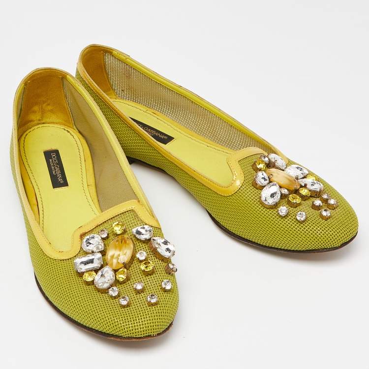 Pre Owned Dolce & Gabbana Mustard Mesh and Patent Leather Embellished Ballet Flats Size 37.5