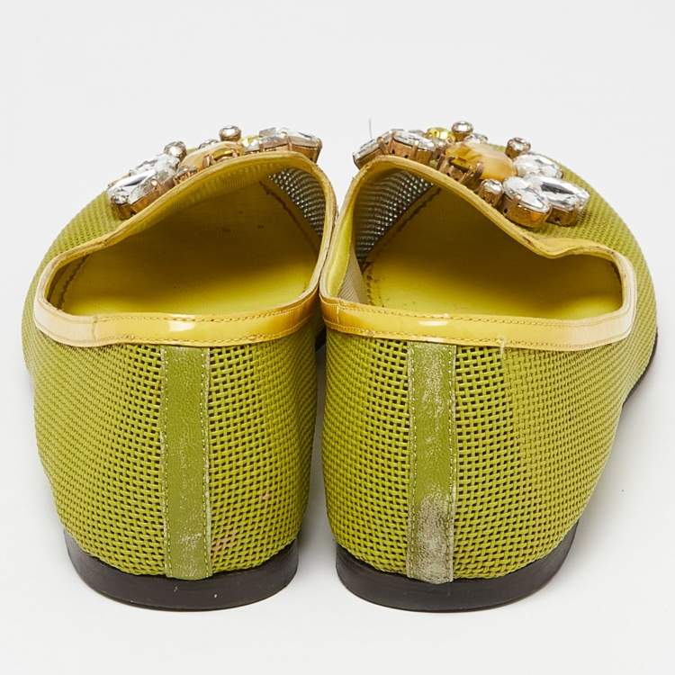 Pre Owned Dolce & Gabbana Mustard Mesh and Patent Leather Embellished Ballet Flats Size 37.5