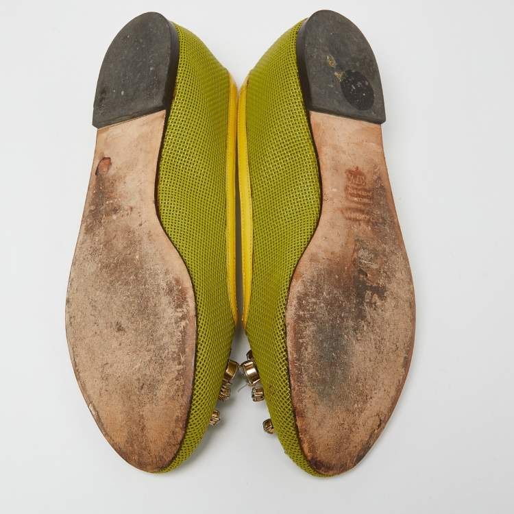 Pre Owned Dolce & Gabbana Mustard Mesh and Patent Leather Embellished Ballet Flats Size 37.5