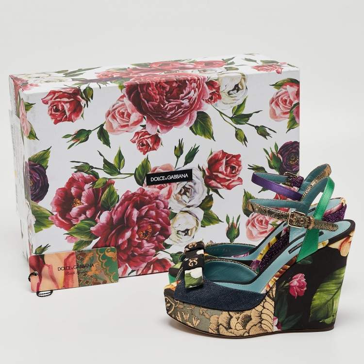 Pre Owned Dolce & Gabbana Multicolor Fabric and Leather Platform Wedge Ankle Strap Sandals Size 36.5