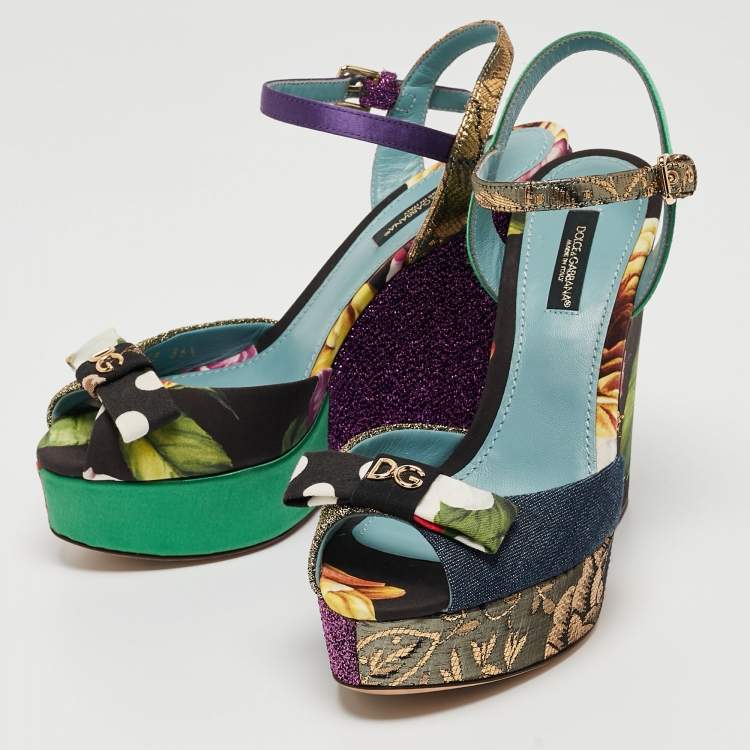 Dolce & Gabbana Multicolor Fabric and Leather Platform Wedge