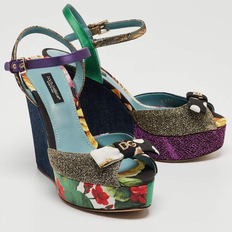 Pre Owned Dolce & Gabbana Multicolor Fabric and Leather Platform Wedge Ankle Strap Sandals Size 36.5