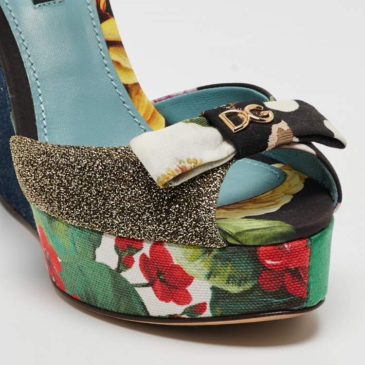 Pre Owned Dolce & Gabbana Multicolor Fabric and Leather Platform Wedge Ankle Strap Sandals Size 36.5