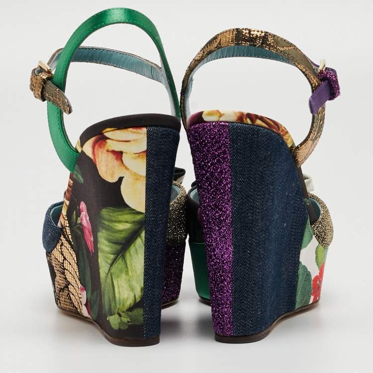 Pre Owned Dolce & Gabbana Multicolor Fabric and Leather Platform Wedge Ankle Strap Sandals Size 36.5