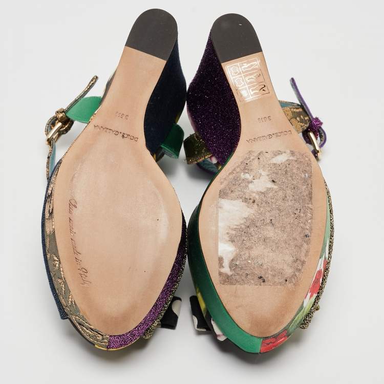 Pre Owned Dolce & Gabbana Multicolor Fabric and Leather Platform Wedge Ankle Strap Sandals Size 36.5