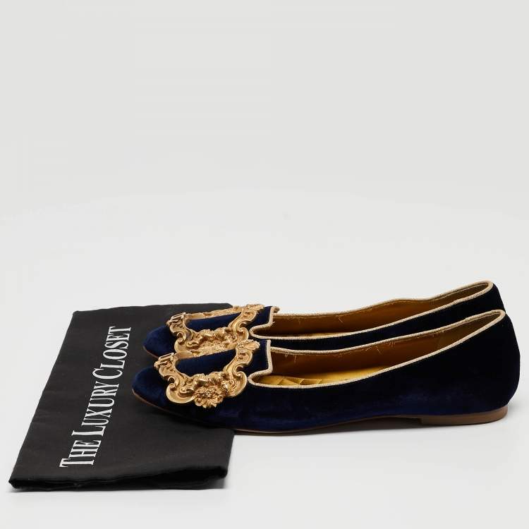 Pre Owned Dolce and Gabbana Navy Blue Velvet Embellished Ballet Flats Size 38