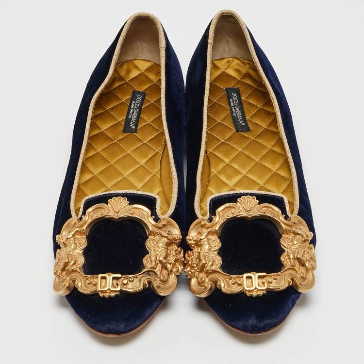 Pre Owned Dolce and Gabbana Navy Blue Velvet Embellished Ballet Flats Size 38