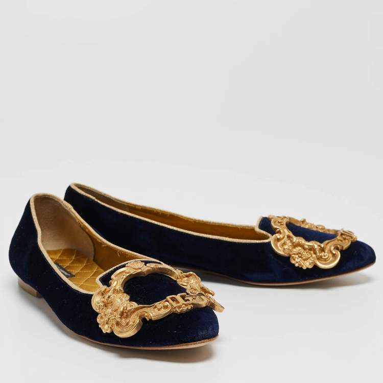 Pre Owned Dolce and Gabbana Navy Blue Velvet Embellished Ballet Flats Size 38