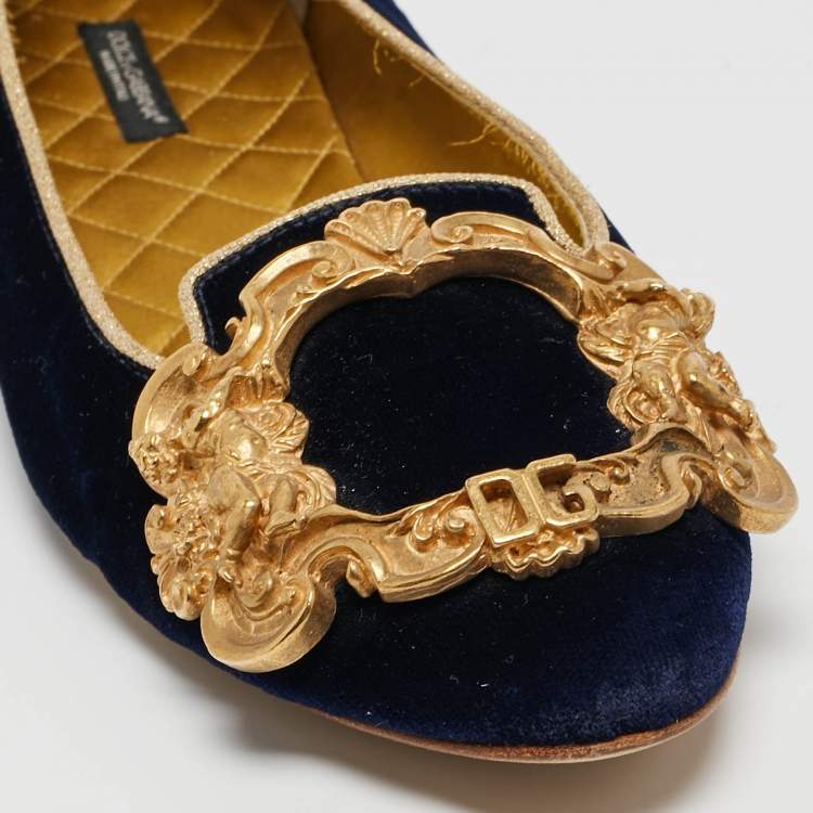 Pre Owned Dolce and Gabbana Navy Blue Velvet Embellished Ballet Flats Size 38