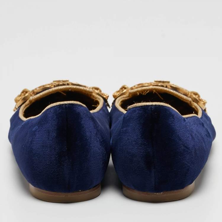 Pre Owned Dolce and Gabbana Navy Blue Velvet Embellished Ballet Flats Size 38