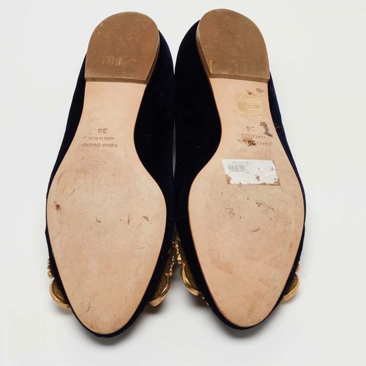 Pre Owned Dolce and Gabbana Navy Blue Velvet Embellished Ballet Flats Size 38