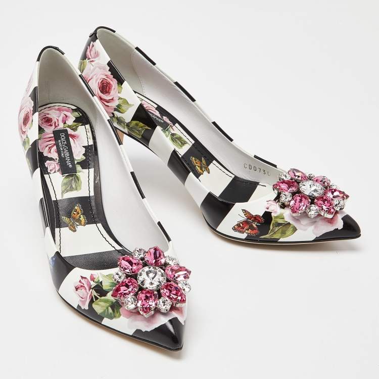 Pre Owned Dolce & Gabbana Multicolor Floral Print Leather Crystal Embellished Pumps Size 37.5