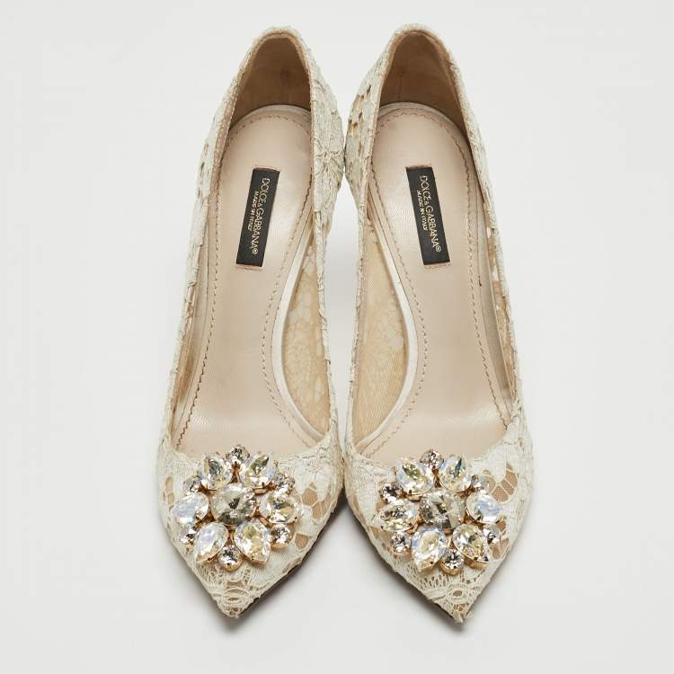 Pre Owned Dolce & Gabbana Grey Lace And Satin Bellucci Pumps Size 37