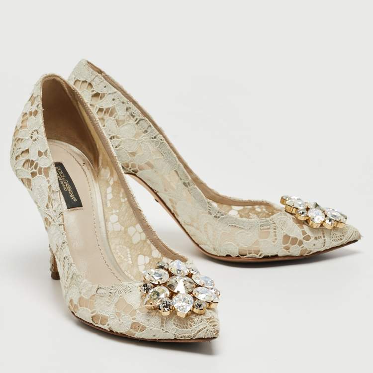Pre Owned Dolce & Gabbana Grey Lace And Satin Bellucci Pumps Size 37