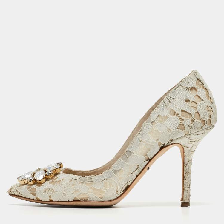 Pre Owned Dolce & Gabbana Grey Lace And Satin Bellucci Pumps Size 37