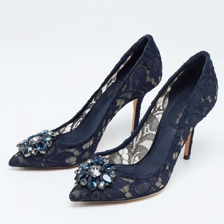 Pre Owned Dolce & Gabbana Navy Blue Lace and Mesh Bellucci Pumps Size 37.5