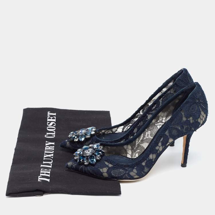 Pre Owned Dolce & Gabbana Navy Blue Lace and Mesh Bellucci Pumps Size 37.5